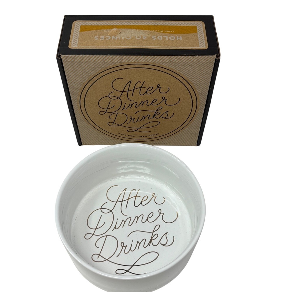 Brass Monkey After Dinner Drinks Ceramic Dog Bowl‎ White Gold Foil lettering NIB